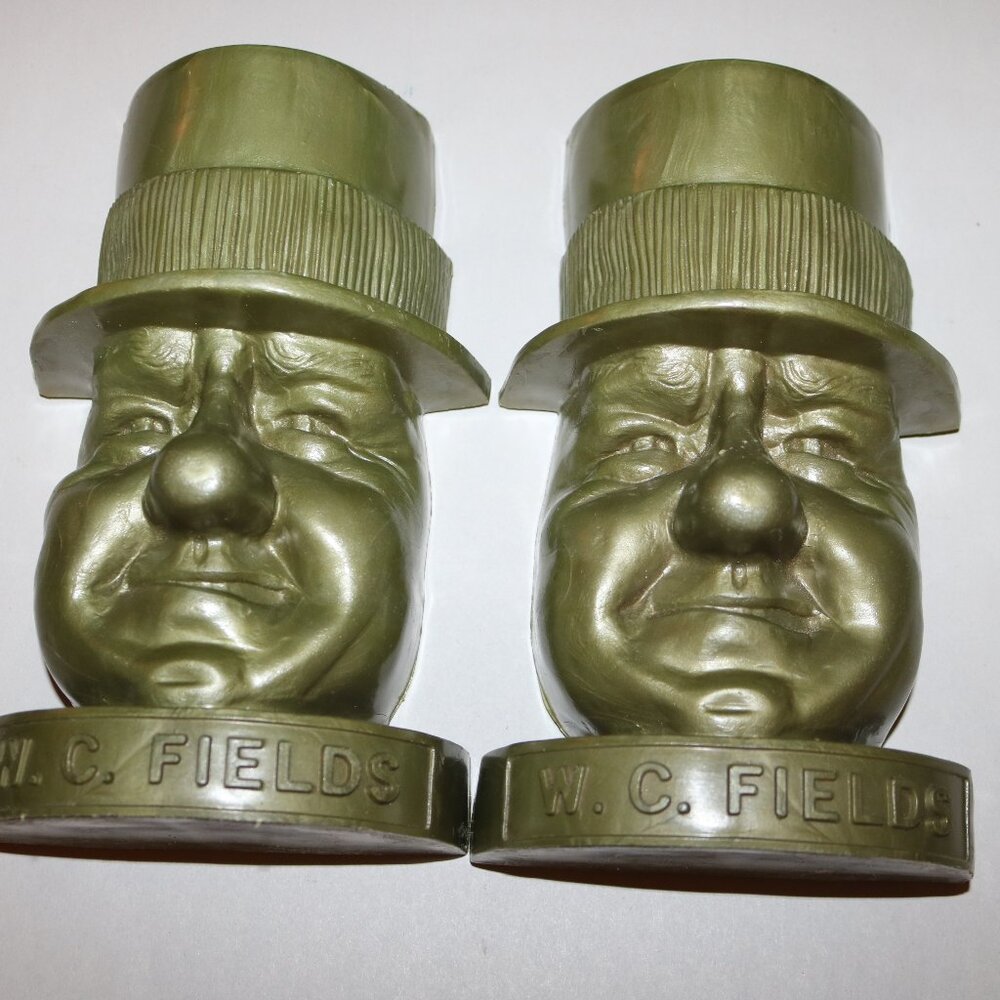 W.C. Fields molded plastic green bookends vintage pair